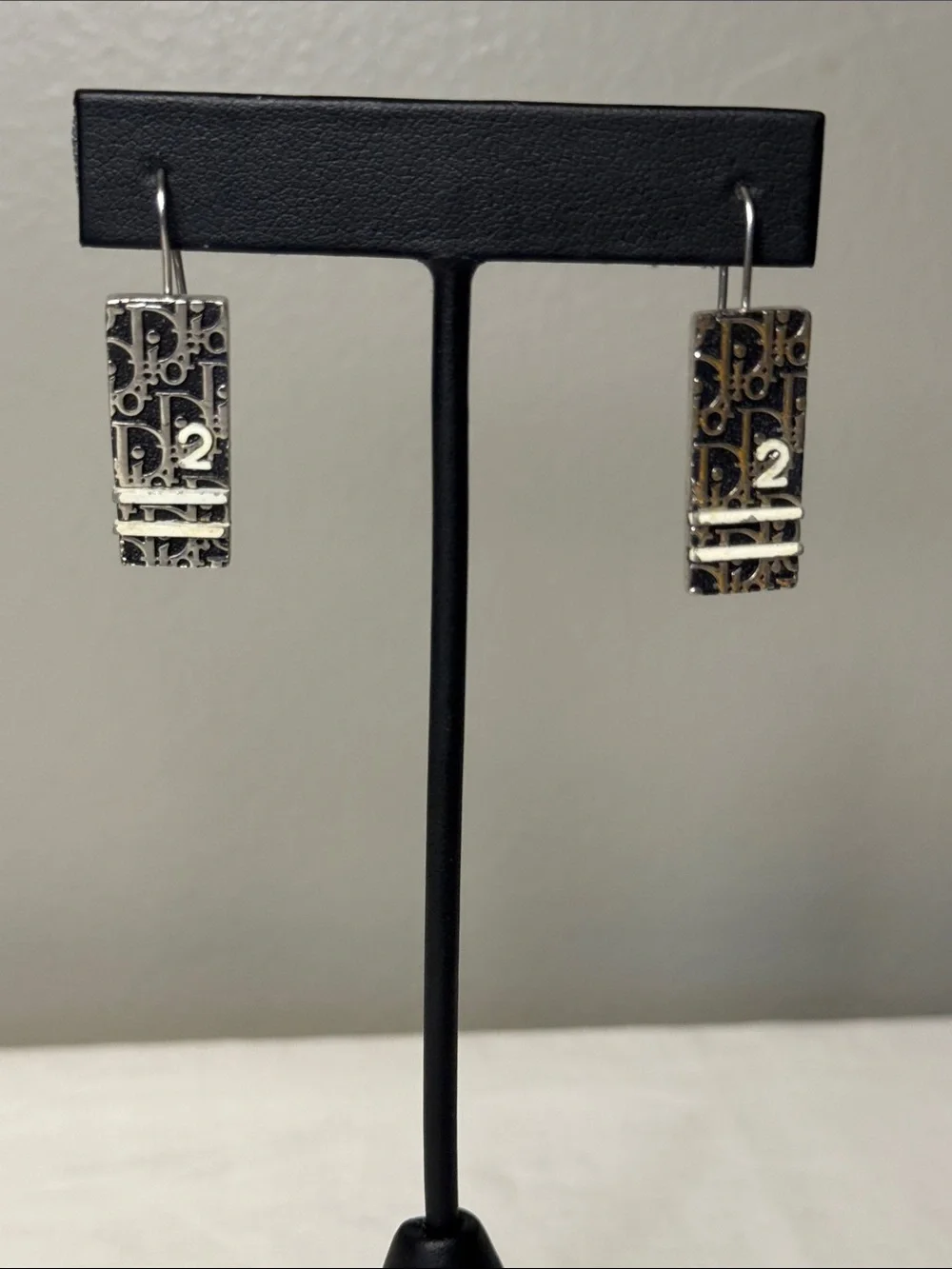 Christian Dior Oblique Trotter Logo Silver Tone Pierced Drop Earrings